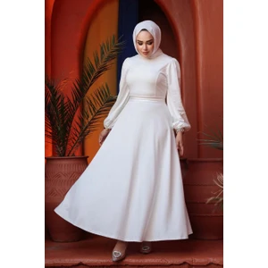 Kemerli Beyaz Tesettür Elbise 23101B