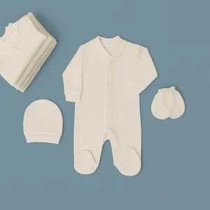 %100 Pamuk 0-9 Ay Kız Erkek Unisex Uzun Kollu Şapka ve Eldivenli Bebek Tulum