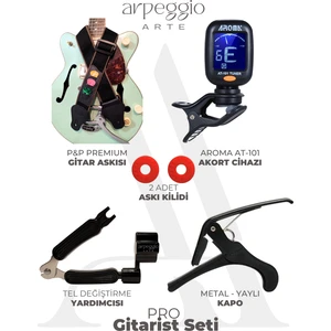 Arpeggio Arte Pro Gitarist Seti – Gitar Askısı, Akort Cihazı, Kapo, Tel Değiştirme Yardımcısı, Askı Kilidi