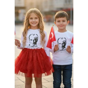 Unisex Atatürk Baskılı Uzun Kollu Beyaz Tişört 29 Ekim Cumhuriyet Bayramı Gösteri Çocuk Tişört