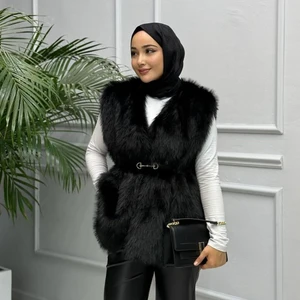 Harma Time Butik Kadın Astarlı Kemerli Rahat Kalıp Kürk Siyah Yelek