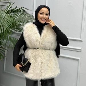 Harma Time Butik Kadın Astarlı Kemerli Rahat Kalıp Kürk Krem Yelek