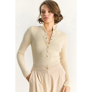 Kadın Çıtçıtlı Fitilli Dik Yaka Uzun Kollu Basic Triko Bluz