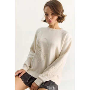 Kadın Yumuşak Dokulu Çiçek Desen Işlmeli Triko Kazak