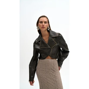 Carnas Asimetrik Antrasit Suni Deri Ceket