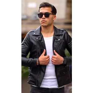 Erkek Siyah Deri Ceket Kuzey Çapraz Fermuar Model