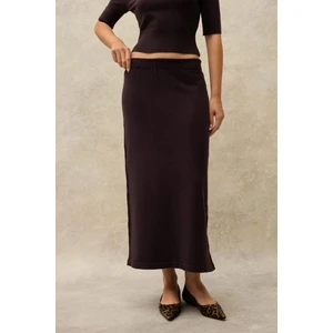 Kadın Yumuşak Dokulu Triko Midi Etek Kestane Kahvesi