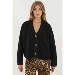 Kadın V Yaka Düğmeli Oversize Triko Hırka Siyah