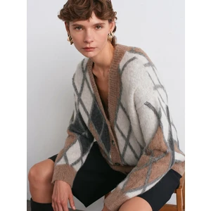 60989 V Yaka Baklava Desenli Şardonlu Triko Hırka-Vizon