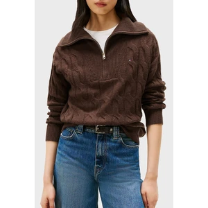 Tommy Hilfiger % 100 Yün Relaxed Fit Yarım Fermuarlı Dik Yaka Örgü Kazak Bayan Kazak WW0WW46425 Gv0