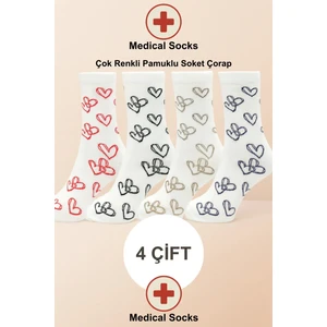 Kadın Renkli Soket Diyabetik Lastiksiz Şeker Çorabı Sıkmayan Pamuklu Çorap 4'lu Paket