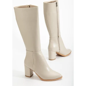 Kadın Topuklu Çizme Bej Suni Deri Sivri Burun