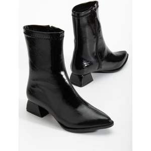 Kadın Kısa Topuklu Bot Siyah Rugan Yüzü Dikişli