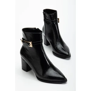 Siyah Kadın Topuklu Bot Kırışık Rugan Sivri Kalıp Tan Tokalı