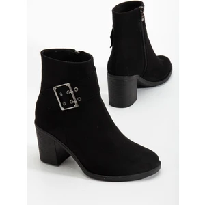 Kadın Topuklu Bot Siyah Süet Hazır Taban Yan Tokalı