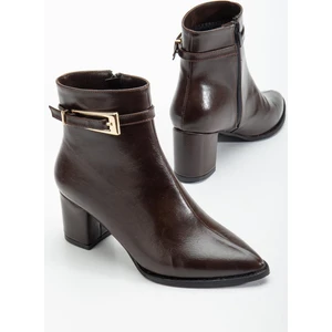 Kahverengi Kadın Topuklu Bot Kırışık Rugan Sivri Kalıp Tan Tokalı