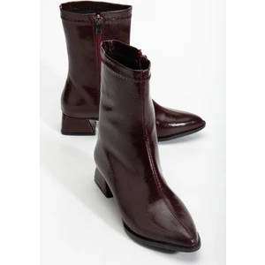 Kadın Kısa Topuklu Bot Bordo Rugan Yüzü Dikişli