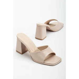 Büyük Beden Kadın Topuklu Terlik Ten Saten Ince Bantlı