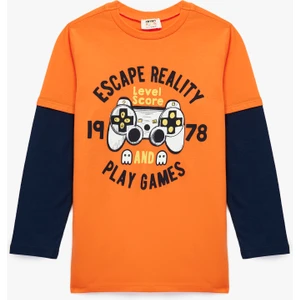 Uzun Kollu Pamuklu Bisiklet Yaka Baskılı Tişört