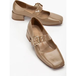 Kadın Kısa Topuklu Ayakkabı Vizon Rugan Baretli Küt Burun