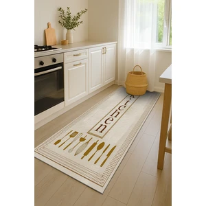 Bej Kitchen Yazılı Halı – Kaymaz Pamuk Taban, Dijital Baskı