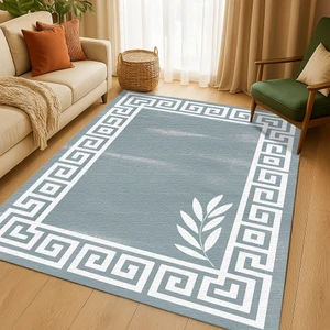 Gri Beyaz Çizgi ve Yaprak Desenli Dijital Baskılı Halı – Modern Dekoratif Tasarım