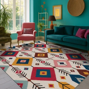 Çok Renkli Çok Desenli Dijital Baskılı Halı – Modern Dekoratif Tasarım