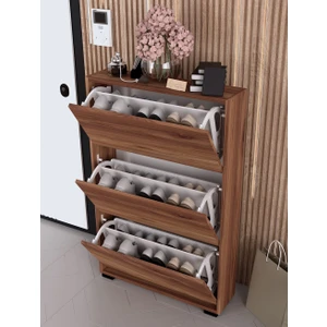 Skeche Düşer Kapak Ayakkabılık Raflı Ayakkabılık 3 Bölmeli Ayakkabılık Ceviz