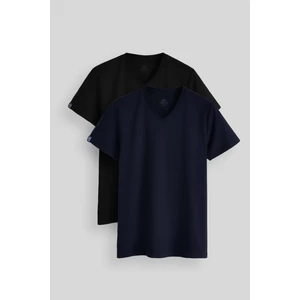 Standart Fit Basic V Yaka 2li Paket Siyah-Lacivert Erkek T-Shirt - 87912