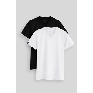 Standart Fit Basic V Yaka 2li Paket Siyah-Beyaz Erkek T-Shirt - 87912