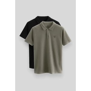 Standart Fit Basic Polo Yaka 2li Paket Siyah-Çağla Erkek T-Shirt - 87768