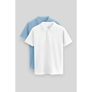 Standart Fit Basic Polo Yaka 2li Paket Beyaz-Buz Mavi Erkek T-Shirt - 87768