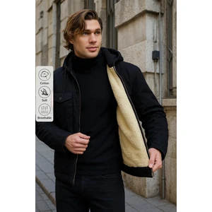 Erkek Içi Kürklü Kapşonlu Kışlık Siyah Bol ceket