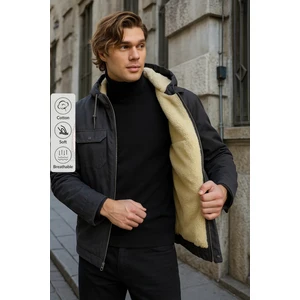 Erkek Içi Kürklü Kapşonlu Kışlık Füme Bol Ceket