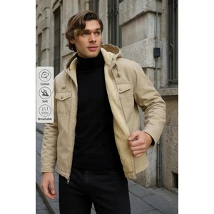 Erkek Içi Kürklü Kapşonlu Kışlık Krem Bol Ceket