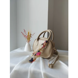 Mini Fular Detaylı Deri Kadın El, Omuz, Çapraz Çanta Bej