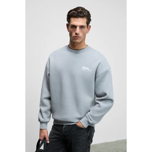 Ernest Erkek Organik Pamuklu Yumuşacık Baskı Detaylı Bisiklet Yaka Içi Polarlı Açık Gri Sweatshirt