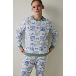 Kırık Beyaz Cute Bows Bisiklet Yaka Pamuklu Uzun Kollu Pijama Takımı