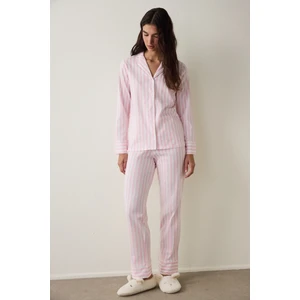 Açık Pembe Pamuklu Uzun Kollu Gömlek Pijama Takımı