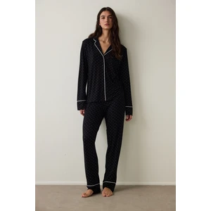 Siyah Puantiye Desenli Uzun Kollu Gömlek Pijama Takımı