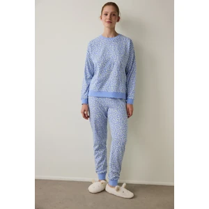 Mavi Çiçek Desenli Bisiklet Yaka Pamuklu Uzun Kollu Pijama Takımı