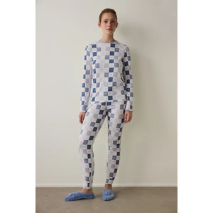 Açık Mavi Ekoseli Uzun Kollu Pijama Takımı