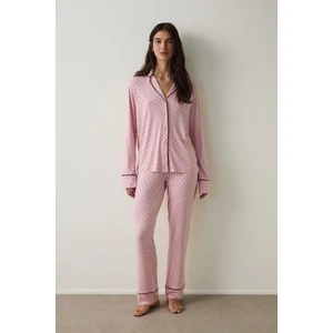 Pembe Puantiyeli Oversize Gömlek Yaka Pijama Takımı