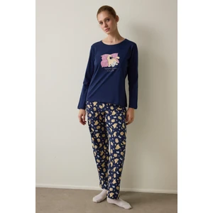 İndigo Sleepy Cat Bisiklet Yaka Pamuklu Uzun Kollu Pijama Takımı