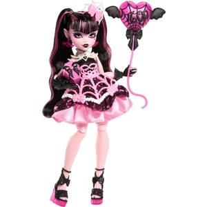 MONSTER HIGH® DOĞUM GÜNÜ™ DRACULAURA™ Bebek Parti elbisesi giyen ve bir elinde balon, diğer elinde hediyesini tutan Monster High Doğum Günü Draculaura bebek JBG74