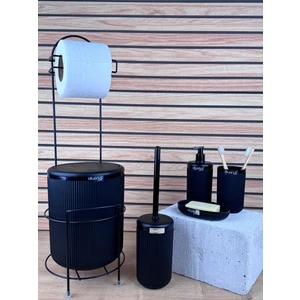 Okyanus Home Siyah Linea Standlı Wc Kağıtlık ve 6 Parça Banyo Seti