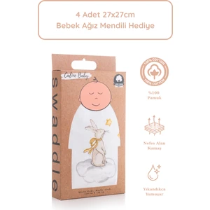Caline Baby %100 Pamuk Premium & Hafif Müslin Bezi Örtüsü I 120x120 cm I Bej I Tavşan Desenli &  4 Adet Ağız Mendili 27x27cm