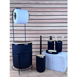 Okyanus Home Siyah Yuvarlak Linea Due Standlı Wc Kağıtlık ve 6 Parça Banyo Seti