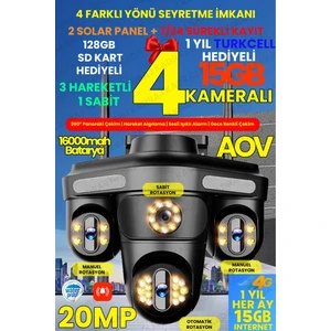 4 Kameraları 4g - Esim Solar Panelli, Her Ay 15GB Turkcell 1 Yıl Hediyeli, 7/24 Kayıt Aov, Hareket Algılama, 128GB Sd Kart Hediye, Alarm,