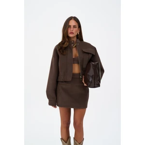 Tenby Koyu Kahve Crop Ceket-Etek Takım